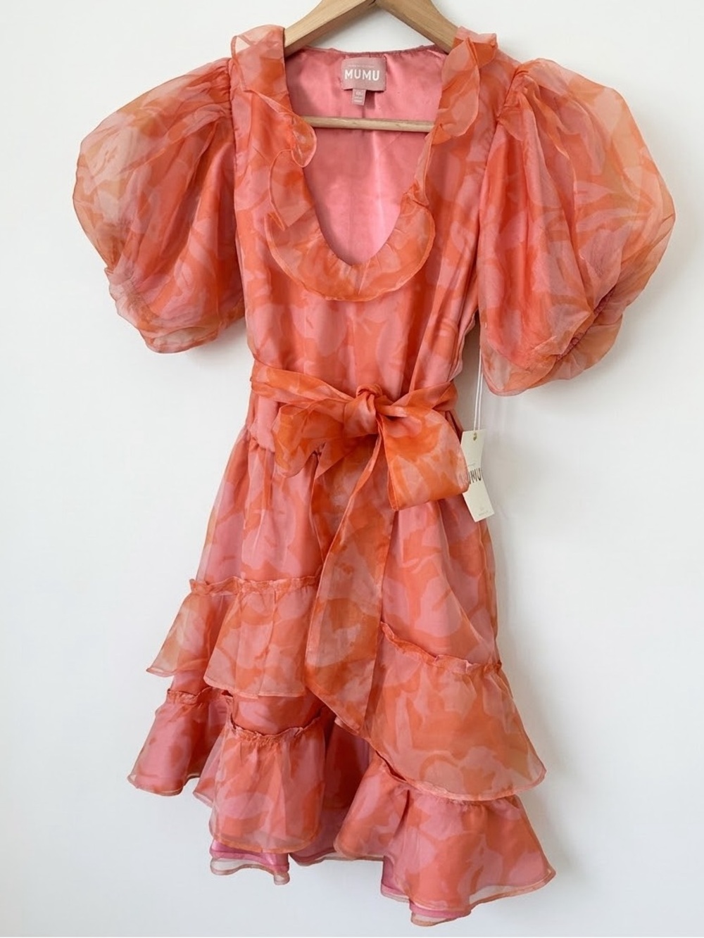 Show Me Your Mumu Mini Dress Pink Orange Floral Puff Sleeve Ruffle XS NEW